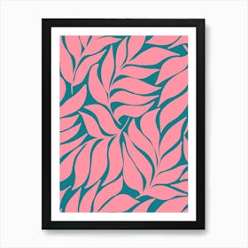 Wavy Tropical Leaves Coral on Dark Teal Art Print