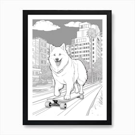 American Eskimo Dog Skateboarding Line Art 4 Art Print
