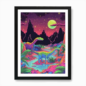 Neon Dinosaur At Night In Jurassic Landscape 4 Art Print