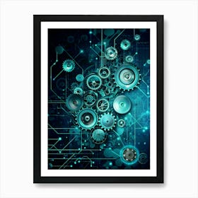 A Collection Of Metal Gears Of Different Sizes Interconnected On A Dark Blue Background With Glowing Lines And Circuitry Patterns Art Print