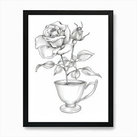 Rose In A Tea Cup Line Drawing 1 Art Print