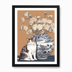 Drawing Of A Still Life Of Aster With A Cat 2 Art Print