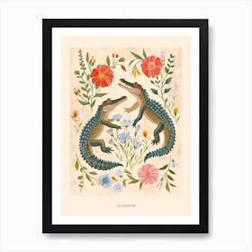 Folksy Floral Animal Drawing Alligator Poster Art Print