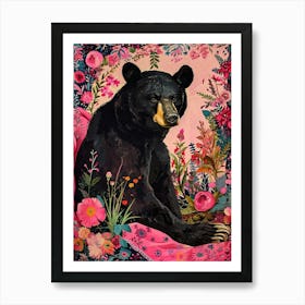 Floral Animal Painting Black Bear 4 Art Print