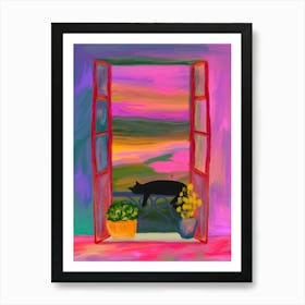 Sleepy Window Cat Art Print