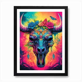 Floral Bull Skull Neon Iridescent Painting (19) Art Print