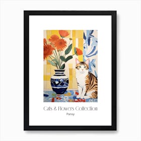 Cats & Flowers Collection Pansy Flower Vase And A Cat, A Painting In The Style Of Matisse 1 Art Print