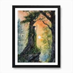 The Watcher ~ A protective forest guardian spirit keeps watch at sunrise, ivy witchy woods witch pagan wheel of the year wiccan spiritual awakening third eye watercolor painting yoga manifesting law of attraction gothic Art Print