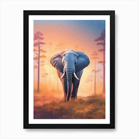 Single Elephant, Sunset Light In Forest; Animal Wildlife Art Print