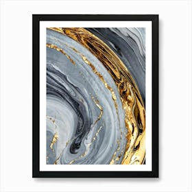 Abstract Marble Artwork Featuring Sinuous Gold And Silver Waves Flowing Amidst A Swirling Ocean Of V (5) Art Print