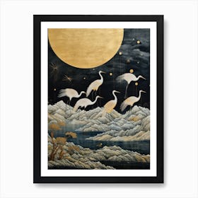 Cranes Under The Moon Art Print
