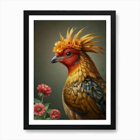 Rooster With A Flower Crown European Robin Art Print