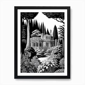 Villa Cimbrone Gardens, 1, Italy Linocut Black And White Vintage Art Print