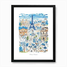 Paris France Eiffel Tower Illustration Line Art Travel Blue Art Print
