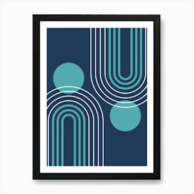 Mid Century Modern Geometric B29 In Navy Blue And Teal (Rainbow And Sun Abstract) 01 Art Print