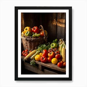 Assorted Vegetables And Fruits From A Fresh Farm Harvest Arranged In A Rustic Wicker Basket Overfl (2) Art Print