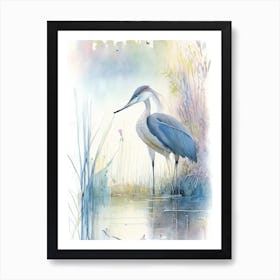 Blue Heron On Pond Gouache 1 Art Print