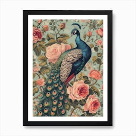 Floral Pink Roses Peacock 1 Art Print