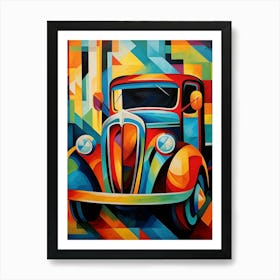 Vintage Old Truck III, Abstract Vibrant Colorful Painting in Cubism Style Art Print