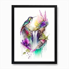 Hummingbird And Waterfall Cute Neon Art Print