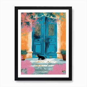 Black Cat Mediterranean Blue Door Illustration Art Print