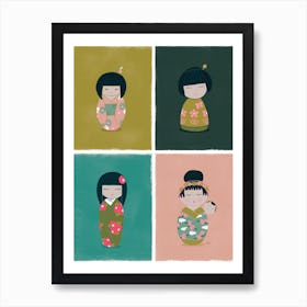 Kokeshi Dolls Teal Pink Art Print