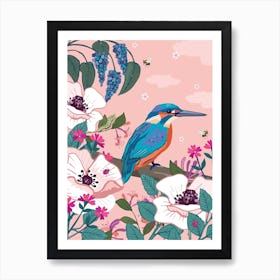 Kingfisher Perched By White Poppies Art Print