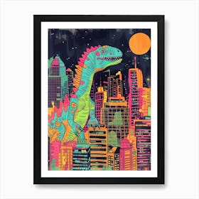 Dinosaur Teal Orange Pink Cityscape Art Print