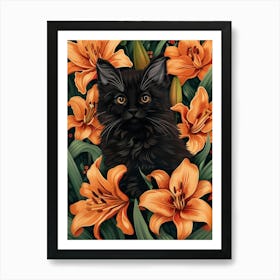 Black Kitten In Lilies Art Print