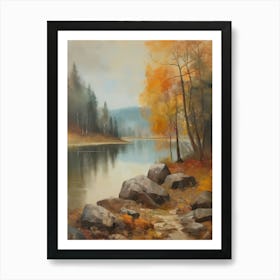 Forest Lake, Autumn Lake, Vintage Oil Painting, Farmhouse Wall Decorations, Antique Landscape, Vintage Landscape Oil Painting.6 1 Art Print