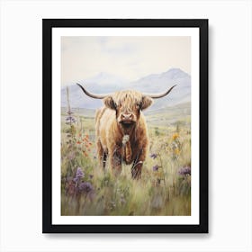 Highland Cow In Colourful Wildflower Field Watercolour Art Print