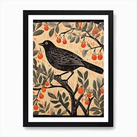 Vintage Bird Linocut Blackbird 2 Art Print