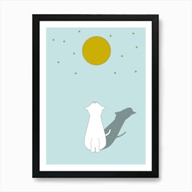 Cat Watching The Moon Stars Kitten Cute Flat Art Print
