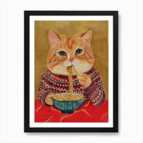 Cute Brown White Cat Eating Pasta Folk Illustration 3 Art Print