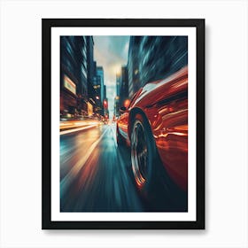 Red Sports Car On The City Street Art Print