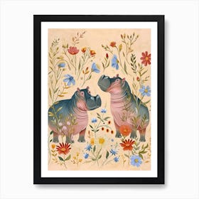 Folksy Floral Animal Drawing Hippo Art Print