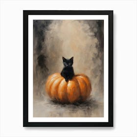 Black Kitten on a Pumpkin | Vintage Halloween Cat Witch All Year Decor | Autumn Moody Aesthetic Art Print | Neutral Tones Gothic Witchcraft Dark Academia Witchcore Painting Art Print