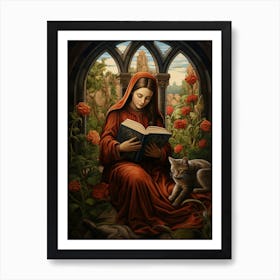 Cat In Floral Garden Whilst Person Reads Book In Medieval Robes Poster