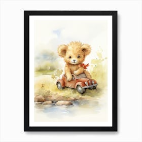 Playing With Toy Car Watercolour Lion Art Painting 4 Art Print