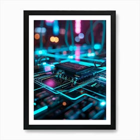 Circuit Board With Neon Lights Art Print