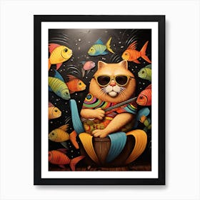 Cat With Fishes 8 Art Print