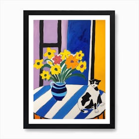 A Painting Of A Still Life Of A Iris With A Cat In The Style Of Matisse  2 Art Print