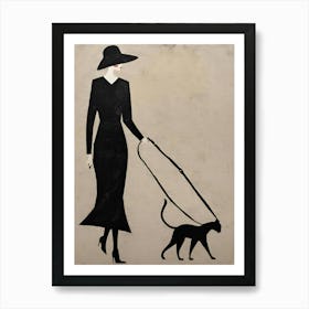 Art Deco Vintage beige and black 1930s Woman walking black cat Art Print