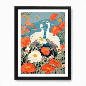 Cranes In Daisies Vintage Japanese Botanical Art Print