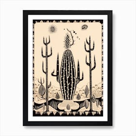 B&W Cactus Illustration Fishhook Cactus 3 Art Print