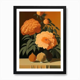 Orange Peonies On A Table 2 Vintage Sketch Art Print