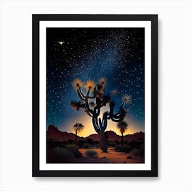 Joshua Tree With Starry Sky Vintage Botanical Line Drawing  (1) Art Print