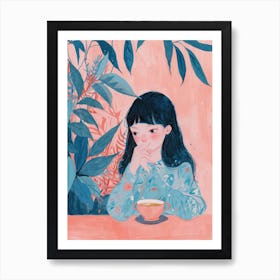 Girl Drinking Tea Lo Fi Kawaii Illustration 1 Art Print