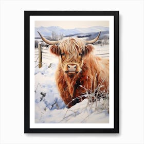 Traditional Watercolour Illustration Of Highland Cow In The Snowy Field 4 Art Print