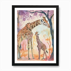 Giraffe & Calf Watercolour Style Art Print